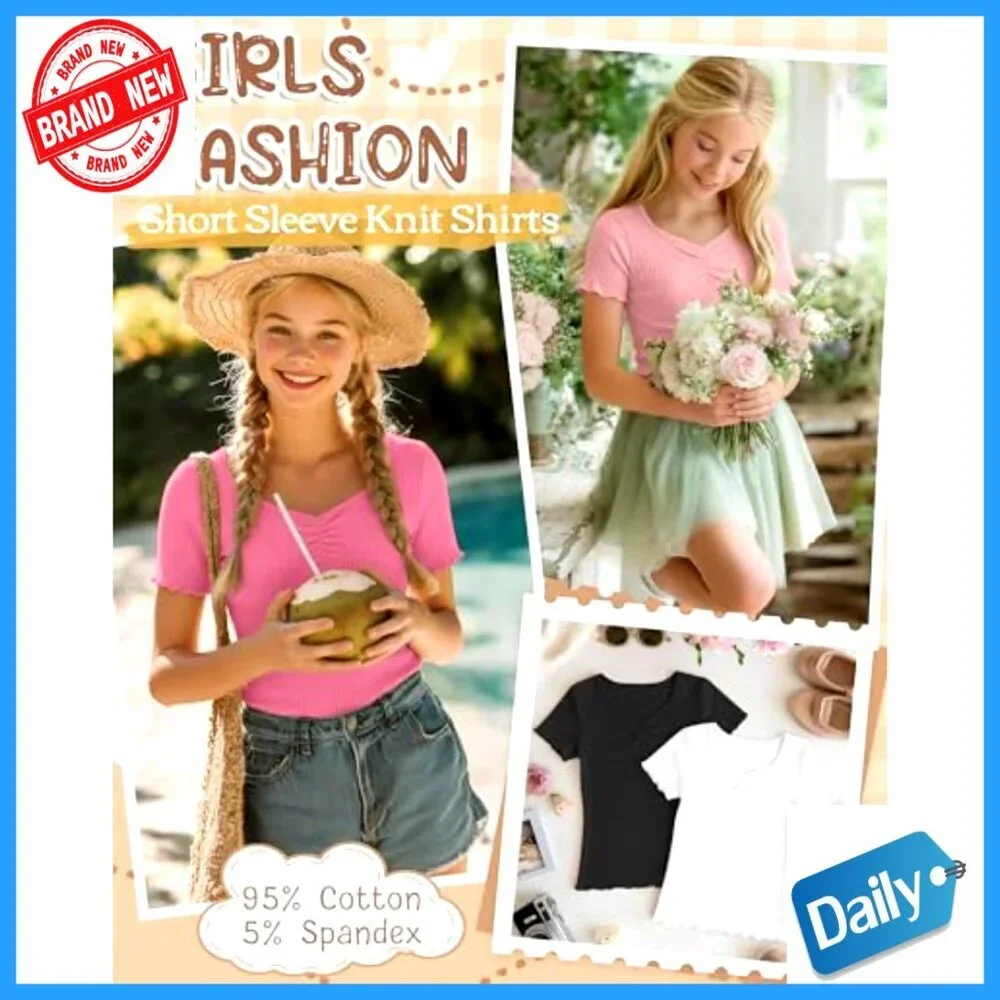 Girls Slim Fit V-Neck Tees 4 Pack Ribbed Lettuce Trim Short Sleeve Tops